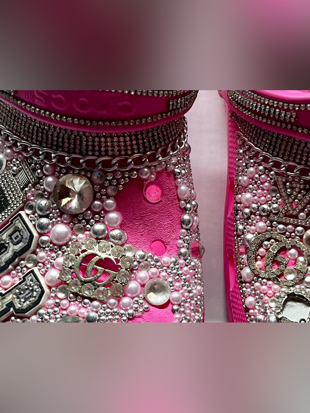 WOMEN'S PINK BLING CROCS (SIZE 10) / PERSONALIZED (PEARLS/RHINESTONES/JEWELRY) - Picture 8 of 10